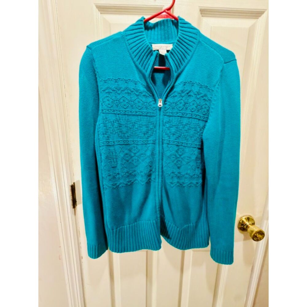 Christopher & Banks Zippered 100% Cotton Sweater Teal Size Small